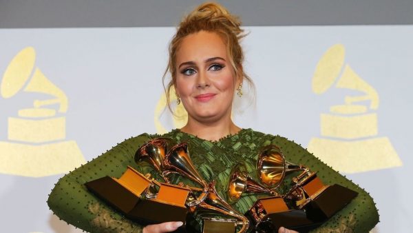 Adele with her awards after the 2017 Grammys Ceremony
