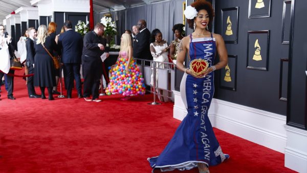 Joy Villa wearing Andre Soriano's design at The 2017 Grammys.