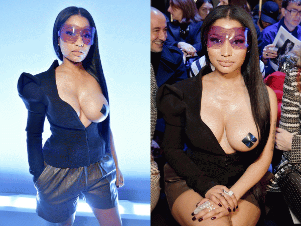 Nicki Minaj exposes her naked boob at the Haider Ackermann show in Paris Fashion Week.