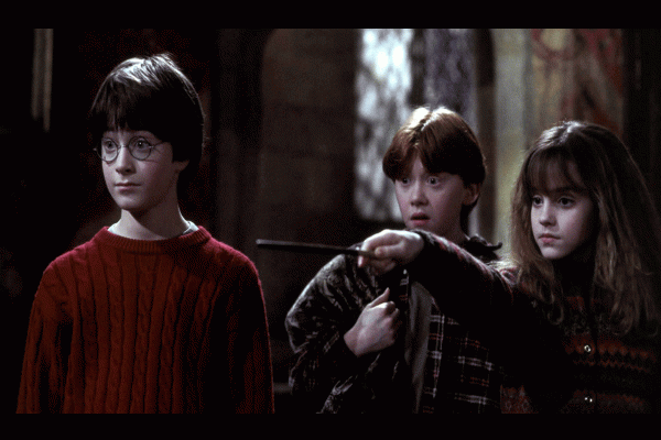 Daniel Radcliffe as Harry, Rupert Grint as Ron and Emma Watson as Hermione Granger in Harry Potter And The Philosopher's Stone.